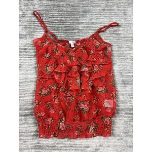 Bongo Top Juniors Medium Red Floral Sleeveless‎ Tank Semi Sheer Ruffle